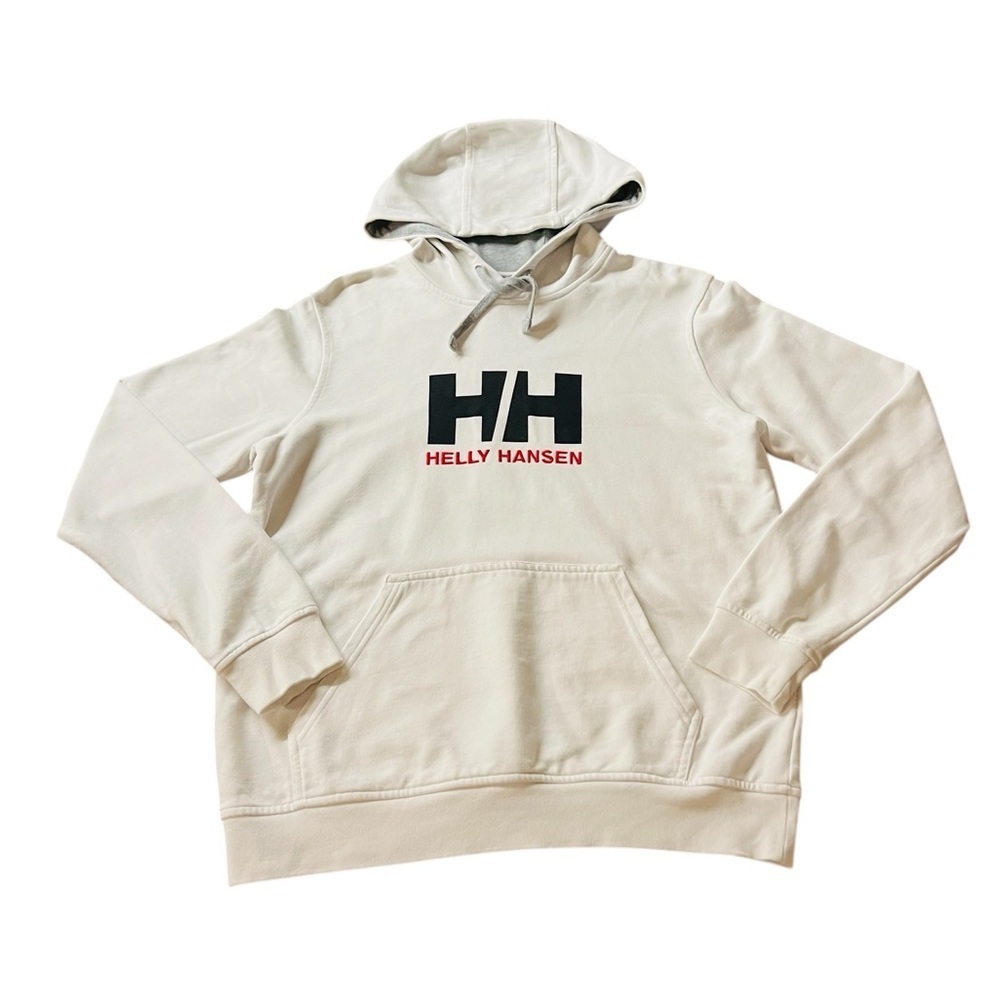 Helly Hansen Men's White Hoodie with Black & Red Logo Size Large Organic Cotton